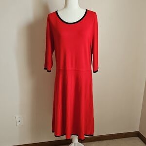 Talbots LG Knit Midi Dress Red Long Sleeve Black Hem Band Textured Skirt